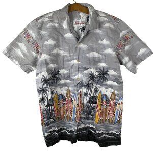 Hawaiian Made Shirt Size Medium Surfboard Button Front Hawaiian Surf Gray Cotton